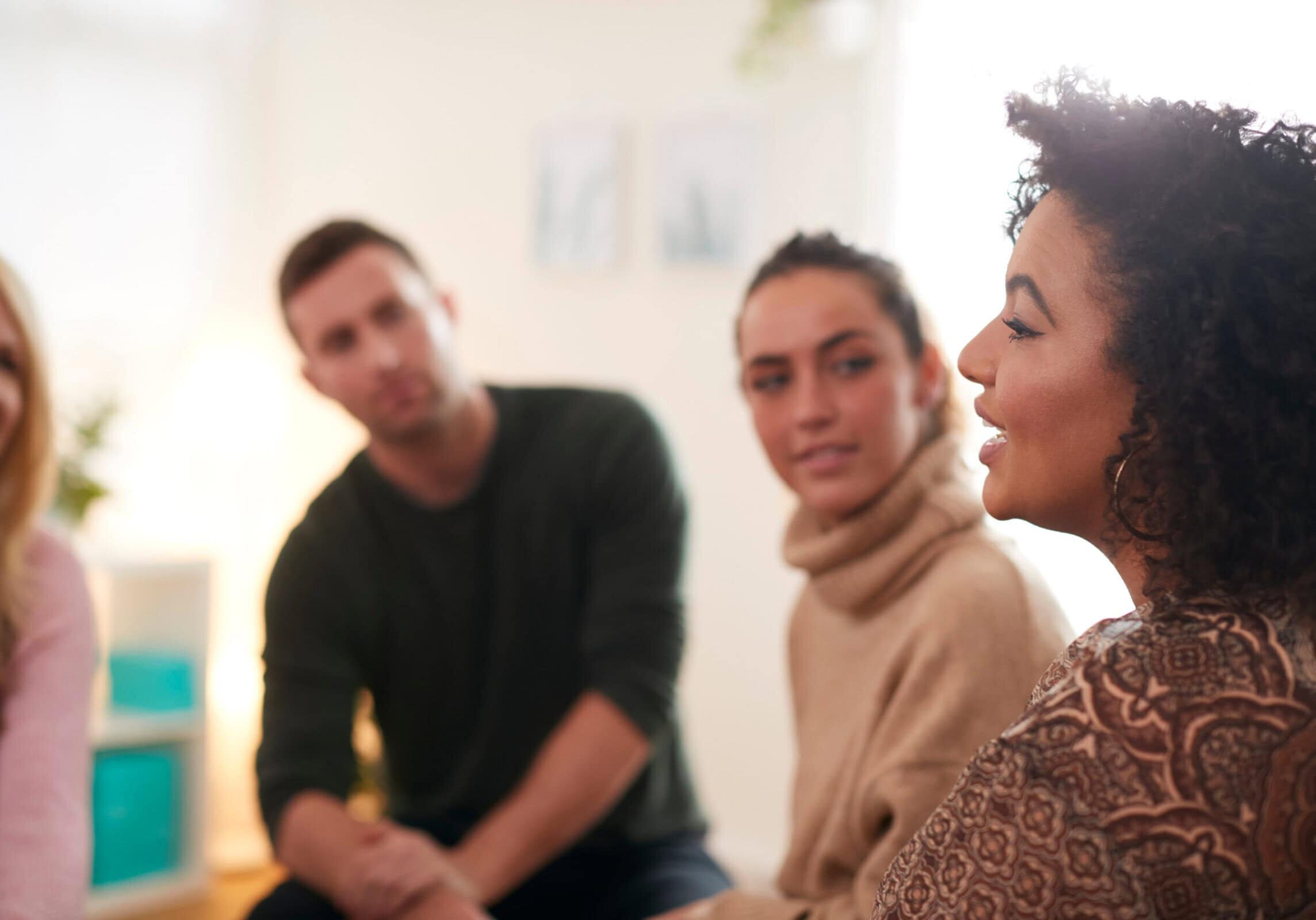 Woman,Speaking,At,Support,Group,Meeting,For,Mental,Health,Or